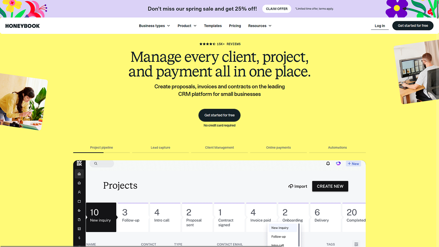 HoneyBook dashboard or invoice/contract view