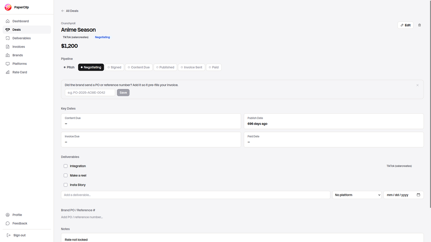 Paperclip deal pipeline / Kanban view