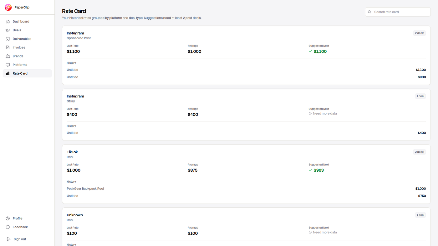Paperclip rate card / rate history view